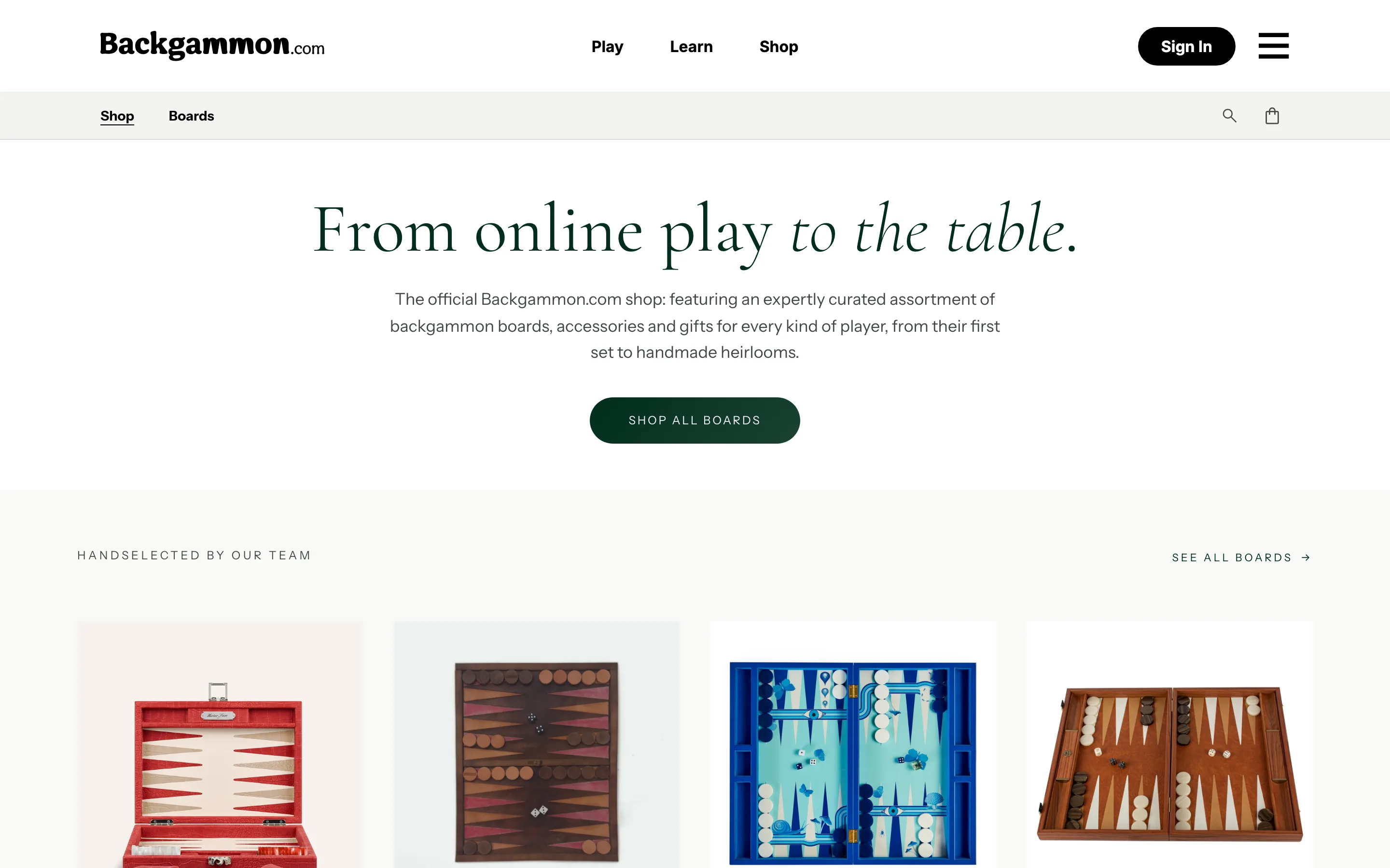 The Backgammon.com shop home page: From online play to the table.